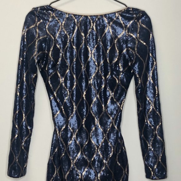 Dress The Population Lola Long Sleeve Mini Bodycon Dress, Blue Gold, Women XS - Picture 3 of 10